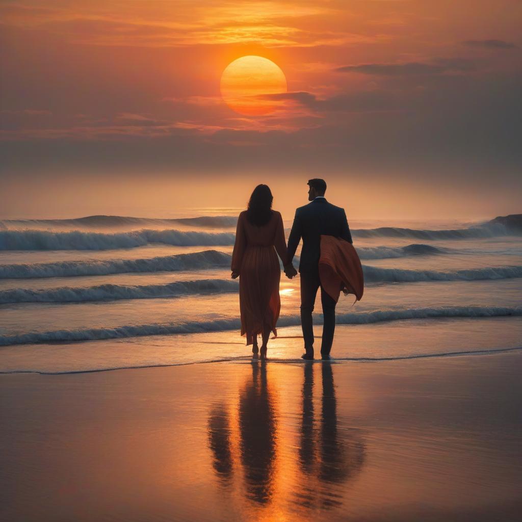  Draw the ocean shore with a large orange sun setting and a pair of lovers holding hands on the beach. hyperrealistic, full body, detailed clothing, highly detailed, cinematic lighting, stunningly beautiful, intricate, sharp focus, f/1. 8, 85mm, (centered image composition), (professionally color graded), ((bright soft diffused light)), volumetric fog, trending on instagram, trending on tumblr, HDR 4K, 8K