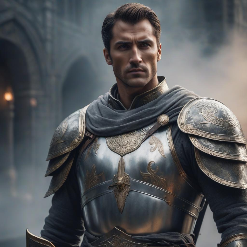  A paladin is a man in gray light armor with a sword and shield. hyperrealistic, full body, detailed clothing, highly detailed, cinematic lighting, stunningly beautiful, intricate, sharp focus, f/1. 8, 85mm, (centered image composition), (professionally color graded), ((bright soft diffused light)), volumetric fog, trending on instagram, trending on tumblr, HDR 4K, 8K