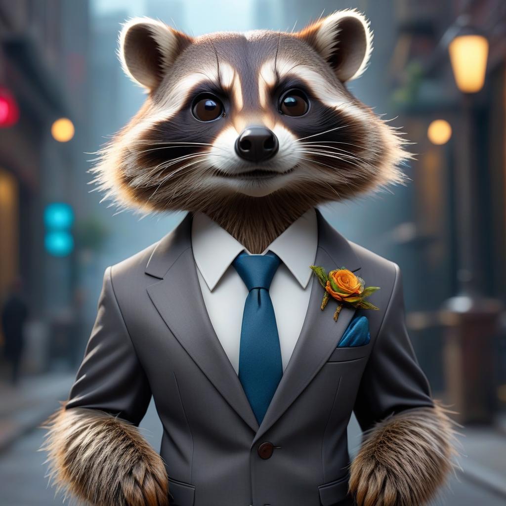  The racoon wear business suit hyperrealistic, full body, detailed clothing, highly detailed, cinematic lighting, stunningly beautiful, intricate, sharp focus, f/1. 8, 85mm, (centered image composition), (professionally color graded), ((bright soft diffused light)), volumetric fog, trending on instagram, trending on tumblr, HDR 4K, 8K