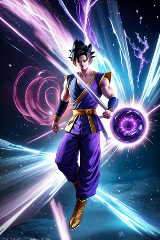  This art depicts Son Gohan, a character from the Dragon Ball series. Gohan is surrounded by a purple energy aura and is moving forward with a powerful presence. His hair is a mix of white and purple and stands on end, and his muscular body is wrapped in battle gear. Flashes of energy run through the background, creating an overall dynamic and powerful scene. This visual depicts the moment Son Gohan transforms into his Ultimate or Beast form. hyperrealistic, full body, detailed clothing, highly detailed, cinematic lighting, stunningly beautiful, intricate, sharp focus, f/1. 8, 85mm, (centered image composition), (professionally color graded), ((bright soft diffused light)), volumetric fog, trending on instagram, trending on tumblr, HDR 4K, 8K