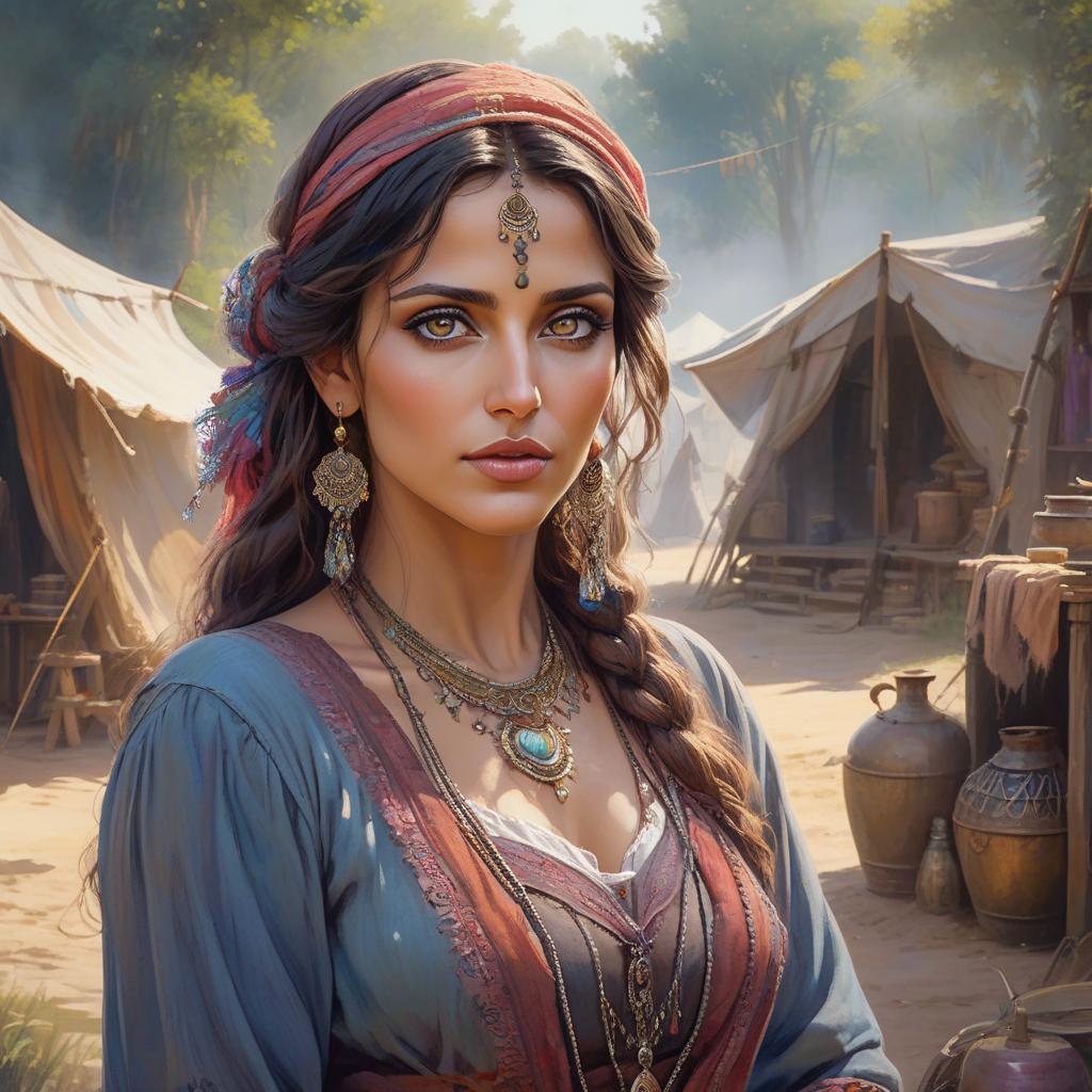  concept art Portrait, watercolor of a beautiful gypsy, digital art, fantasy, detailed and fine facial features, wrinkles, eyes with a charming look, typical costume of a young gypsy, very expressive and detailed eyes, behind her there is a small gypsy camp of which It is one part, post impressionist colorism, soft and velvety texture, by wadim kashin and Carne Griffiths . digital artwork, illustrative, painterly, matte painting, highly detailed hyperrealistic, full body, detailed clothing, highly detailed, cinematic lighting, stunningly beautiful, intricate, sharp focus, f/1. 8, 85mm, (centered image composition), (professionally color graded), ((bright soft diffused light)), volumetric fog, trending on instagram, trending on tumblr, HDR 4K, 8K