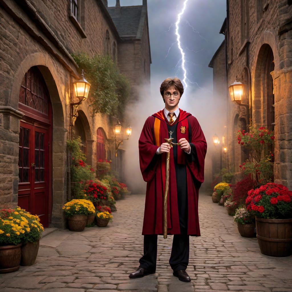  a person dressed up as Harry Potter. The person is wearing round glasses, has a lightning bolt scar on their forehead, is wearing a Gryffindor robe with a red and gold scarf, and is holding a wand. The background features a magical setting similar to Hogwarts. hyperrealistic, full body, detailed clothing, highly detailed, cinematic lighting, stunningly beautiful, intricate, sharp focus, f/1. 8, 85mm, (centered image composition), (professionally color graded), ((bright soft diffused light)), volumetric fog, trending on instagram, trending on tumblr, HDR 4K, 8K