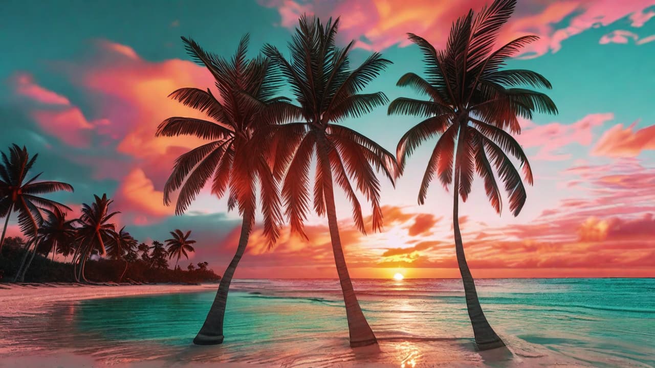  best quality, HD, A vibrant tropical beach scene at sunset, with palm trees swaying gently, turquoise waters reflecting the fiery hues of the sky, hyper detailed, 8k resolution, reminiscent of a Fujifilm Pro 400h photograph