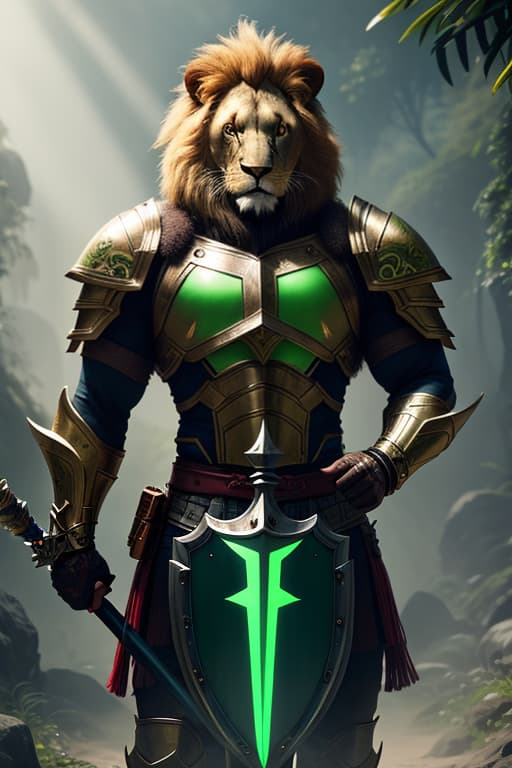  a cinematic shot of a lion warrior and holding a green glowing spear and a shield, fantasy jungle in background, reflective light, hkstyle, HD, masterpiece, best quality, hyper detailed, ultra detailed, super realistic hyperrealistic, full body, detailed clothing, highly detailed, cinematic lighting, stunningly beautiful, intricate, sharp focus, f/1. 8, 85mm, (centered image composition), (professionally color graded), ((bright soft diffused light)), volumetric fog, trending on instagram, trending on tumblr, HDR 4K, 8K