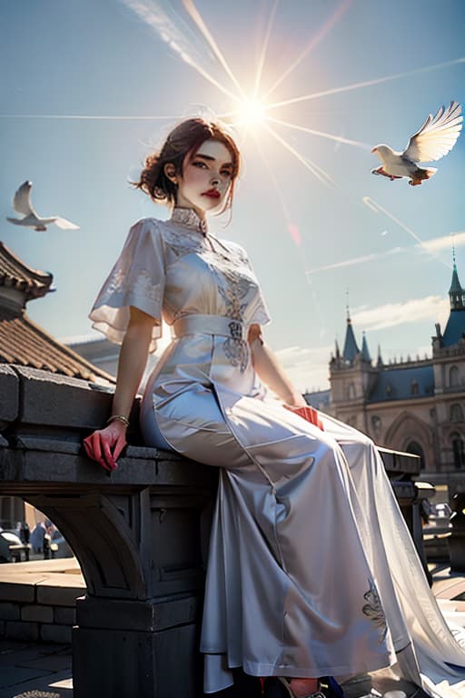  Croissant at the roof with doves and sun hyperrealistic, full body, detailed clothing, highly detailed, cinematic lighting, stunningly beautiful, intricate, sharp focus, f/1. 8, 85mm, (centered image composition), (professionally color graded), ((bright soft diffused light)), volumetric fog, trending on instagram, trending on tumblr, HDR 4K, 8K