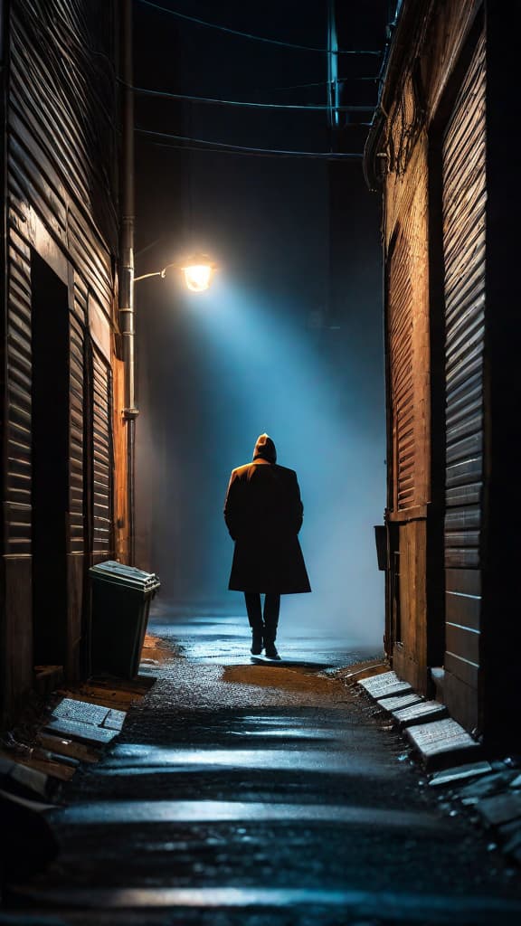  [The scene opens with a dimly lit alleyway. A lone figure, shrouded in the shadows, cautiously makes their way forward. They pause, listening intently for any sign of movement or danger. Suddenly, a noise echoes from the far end of the alley, and the figure quickly takes cover behind a dumpster, heart racing. After a tense moment, a second figure emerges, their features obscured by the darkness. The two figures engage in a hushed, intense exchange, their voices barely audible. The tension builds as they size each other up, both wary and alert, until one makes a decisive move, the outcome of their encounter left to the imagination.] hyperrealistic, full body, detailed clothing, highly detailed, cinematic lighting, stunningly beautiful, intricate, sharp focus, f/1. 8, 85mm, (centered image composition), (professionally color graded), ((bright soft diffused light)), volumetric fog, trending on instagram, trending on tumblr, HDR 4K, 8K