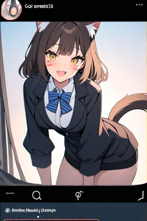  masterpiece, best quality, 1, solo, animal ears, bow, teeth, jacket, tail, open mouth, brown hair, orange background, bowtie, orange nails, simple background, cat ears, orange eyes, blue bow, animal ear fluff, cat tail, looking at viewer, upper body, shirt, uniform, hood, striped bow, striped, white shirt, black jacket, blue bowtie, fingernails, long sleeves, cat , bangs, fangs, collared shirt, striped bowtie, short hair, tongue, hoodie, sharp teeth, facial mark, claw pose hyperrealistic, full body, detailed clothing, highly detailed, cinematic lighting, stunningly beautiful, intricate, sharp focus, f/1. 8, 85mm, (centered image composition), (professionally color graded), ((bright soft diffused light)), volumetric fog, trending on instagram, trending on tumblr, HDR 4K, 8K