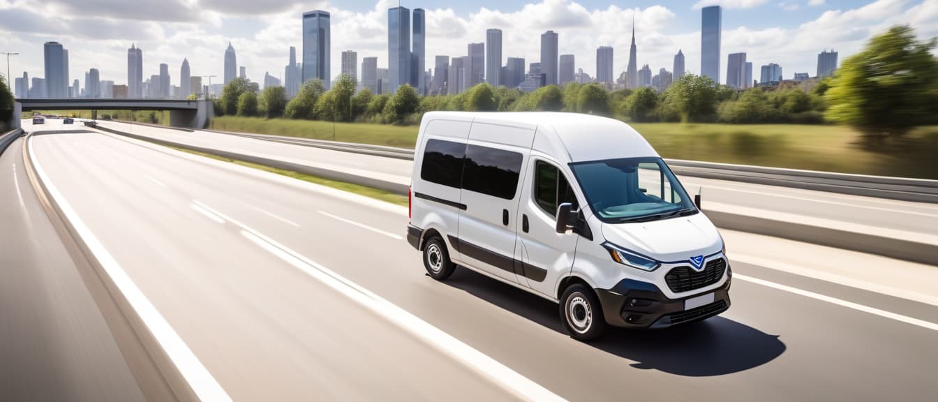  a white modern delivery small shipment cargo courier van moving fast on a motorway road towards a city or urban suburb