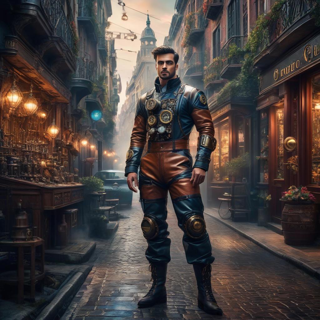  nautical themed Steam punk. Steam punk. Barcelona. Street of a futuristic city. Evening, the lights are on. A young mechanic in leather overalls. Instrument dials are visible. Protective gles. Next to futuristic steam engine, city fairytale atmosphere, masterpiece, extremely detailed, complex composition, fantasy, wide angle, radiance, colorful painting, rich color, HDR, digital ilration. Lots of details . sea, ocean, ships, maritime, beach, marine life, highly detailed hyperrealistic, full body, detailed clothing, highly detailed, cinematic lighting, stunningly beautiful, intricate, sharp focus, f/1. 8, 85mm, (centered image composition), (professionally color graded), ((bright soft diffused light)), volumetric fog, trending on instagram, trending on tumblr, HDR 4K, 8K