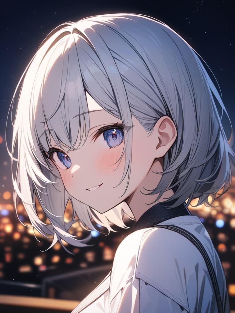  Girls, short hair, night sky, smiles, silver hair, masterpiece, best quality,8k,ultra detailed,high resolution,an extremely delicate and beautiful,hyper detail