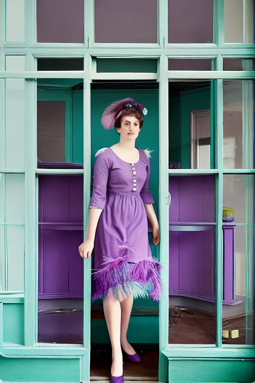  sf interior with purple and turquoise accents, birmingham furniture, circle window, sea view outside, vintage photo with a lady character design, feathers top and long dress made with purple, dark blue green, turquoise fathers