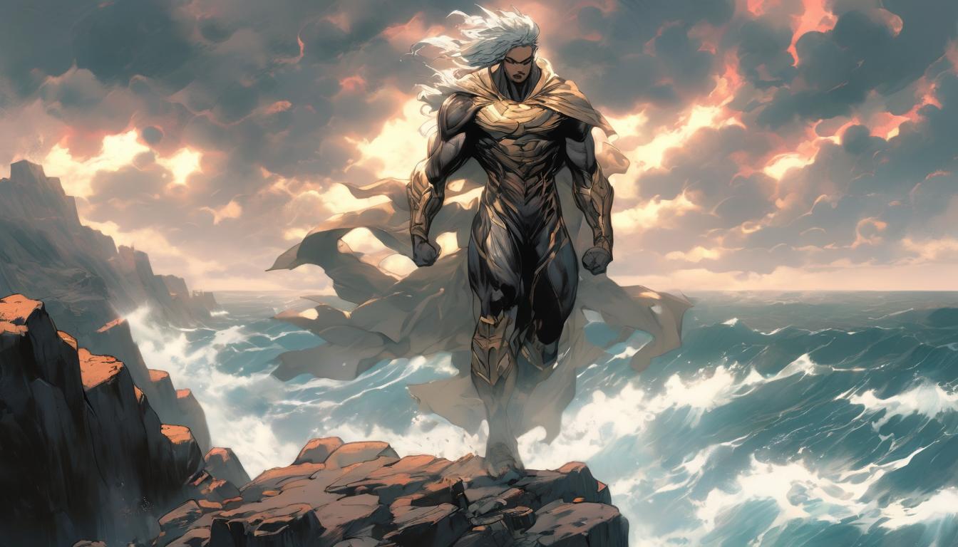  hyperrealism,fantasy aestheticA solitary figure standing on a rugged cliff, overlooking a tumultuous sea, wind whipping through their garments, clouds swirling in a stormy sky, stoic expression, serene, resolute, high tech clothing clad in sleek, futuristic costume with metallic accents and form fitting designs, marvel superhero comics style, unreal engine rendering