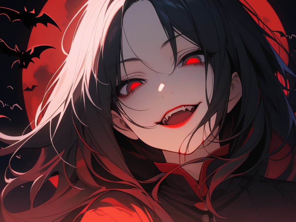  ((Long black hair,parted bangs,forehead,black eyes,long eyes,thin eyes,hanging eyes,double teeth,dark circles,blood,bright red lips,invincible smile,vampires,bats)),(Vampire mant,night sky,moonlight,red moon,red rose),, masterpiece, best quality,8k,ultra detailed,high resolution,an extremely delicate and beautiful,hyper detail