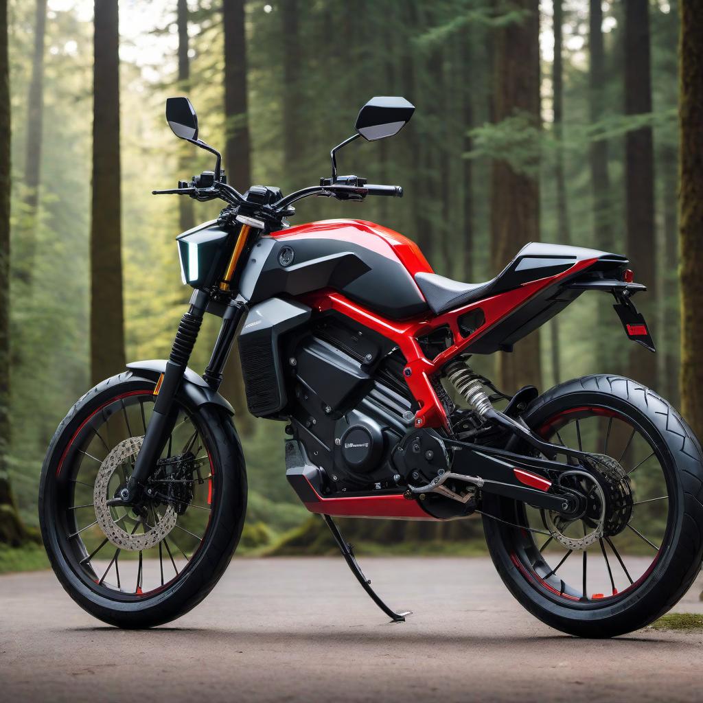  A radical e-bike designed with an ultramodern and futuristic aesthetic. The bike should have sleek lines and an aerodynamic shape. It should feature a unique frame design, perhaps with a combination of sharp angles and smooth curves. The e-bike should have large, rugged tires suitable for various terrains, and it should include advanced technology elements such as integrated LED lights, a digital display on the handlebars, and possibly solar panels for extra power. The overall look should be a blend of technology and a sporty, aggressive style, with a color palette that includes vibrant neon colors combined with black or metallic finishes. hyperrealistic, full body, detailed clothing, highly detailed, cinematic lighting, stunningly beautiful, intricate, sharp focus, f/1. 8, 85mm, (centered image composition), (professionally color graded), ((bright soft diffused light)), volumetric fog, trending on instagram, trending on tumblr, HDR 4K, 8K