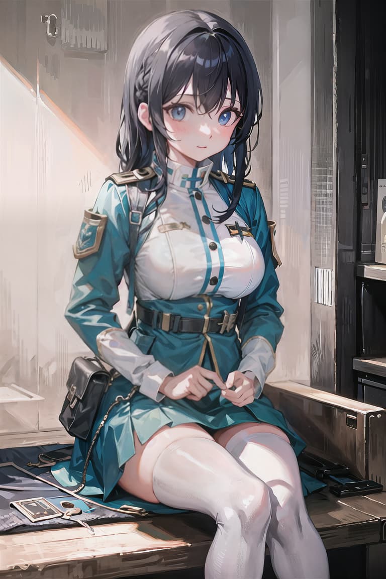  master piece , best quality,　High quality, in uniform, big s, black hair, light blue eyes, showing