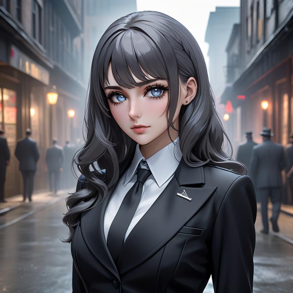  HDR photo of A with long, wavy hair and gray eyes. She has a serious and intelligent gaze. She is dressed in a clic black suit. She is the face of a Telegram channel called "The Dark Side of History", which tells about major crimes, serial killers, cults, and mysterious events all over the world. [English] The has long, wavy hair and gray eyes. Her gaze is serious and intelligent. She is wearing a clic black suit. She is the face of a Telegram channel named "The Dark Side of History", which shares information about major crimes, serial killers, cults, and mysterious events from around the world. . High dynamic range, vivid, rich details, clear shadows and highlights, realistic, intense, enhanced contrast, hi hyperrealistic, full body, detailed clothing, highly detailed, cinematic lighting, stunningly beautiful, intricate, sharp focus, f/1. 8, 85mm, (centered image composition), (professionally color graded), ((bright soft diffused light)), volumetric fog, trending on instagram, trending on tumblr, HDR 4K, 8K