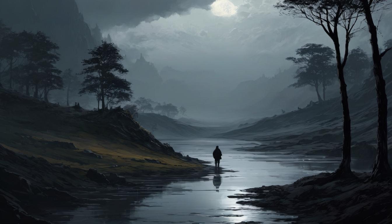  digital illustration darkened landscape, lone human figure, shadowy elements, sense of struggle, isolation, disconnection looking at viewer, dynamic pose, (intricate details, masterpiece, best quality)