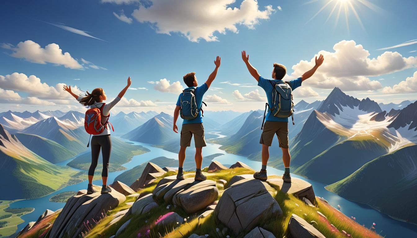  1man, 1woman, reaching the peak of a mountain, breathtaking view of valleys and lakes below, arms raised in triumph, wind blowing through their hair, sharp, clear sky, feeling of accomplishment, joy, digital illustration, very aesthetic, highres, 4k, 8k, intricate detail, cinematic lighting, amazing quality, amazing shading, official artwork, wallpaper