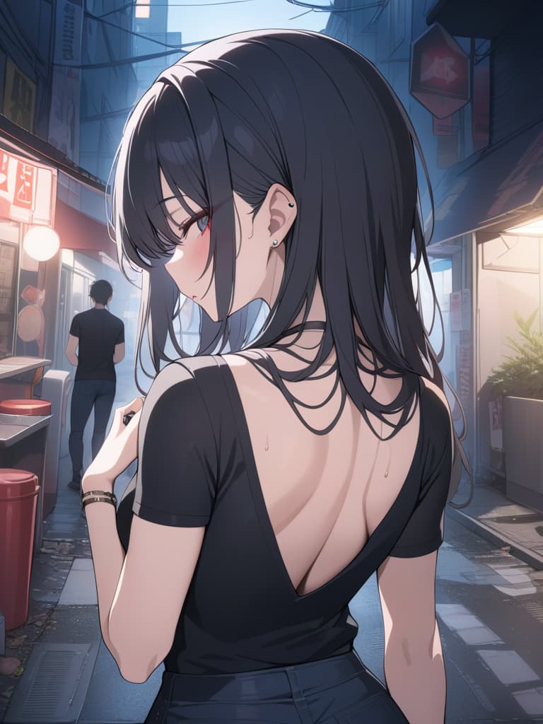  Black hair, green mesh, black T shirt, black damage jeans, long hair, tobacco, bracelet, necklace, pierced piercing, red pupil, back alley, night, sauce, woman, masterpiece, best quality,8k,ultra detailed,high resolution,an extremely delicate and beautiful,hyper detail