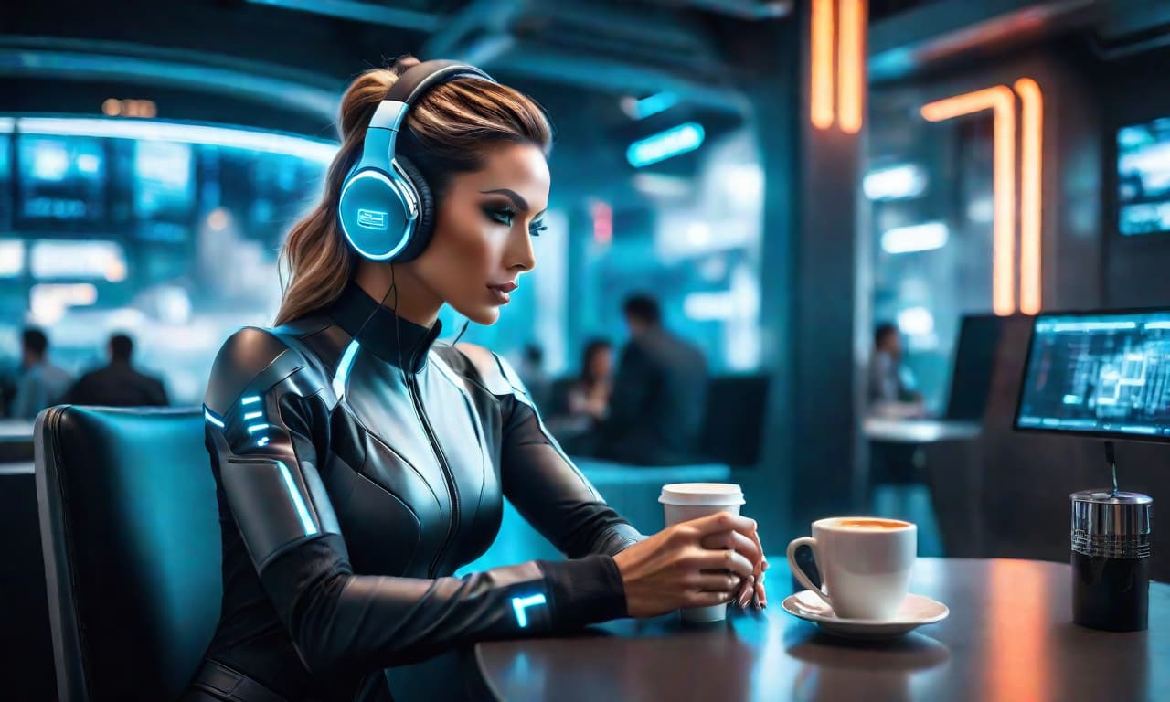  cybernetic style HDR photo of woman in a futuristic city, wearing headphones and a cybernetic suit, drinks a coffee while sitting at a table.extremely high resolution details, photographic, realism pushed to extreme, fine texture, incredibly lifelike,highly detailed background,16K . futuristic, technological, cybernetic enhancements, robotics, artificial intelligence themes, PERFECTEYES, Perfect Hands hyperrealistic, full body, detailed clothing, highly detailed, cinematic lighting, stunningly beautiful, intricate, sharp focus, f/1. 8, 85mm, (centered image composition), (professionally color graded), ((bright soft diffused light)), volumetric fog, trending on instagram, trending on tumblr, HDR 4K, 8K