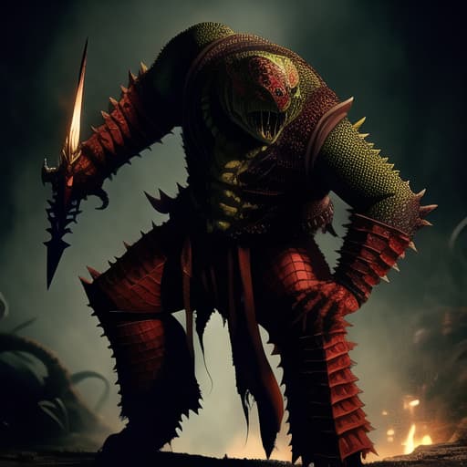  full body, fusion Freddy Krueger and a Reptile, malicious smile, bloody, gore, horror theme, nightmare, masterpiece, scale like skin, full body, lizard forked tongue, weapon shown, , (masterpiece, best quality:1.5), HDR 4K, 8K