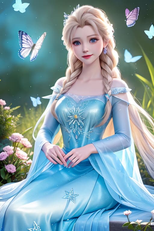  A highly detailed and realistic photo in the style of Disney, featuring a character resembling young Elsa. The image shows young Elsa wearing a sparkling blue dress, surrounded by glowing butterflies. She is sitting on a petal strewn ledge in a magical, dreamy environment. The scene is illuminated with soft, mystical light, creating an enchanting and whimsical atmosphere. Elsa's expression is filled with wonder and joy as she interacts with the butterflies. The background is softly blurred to keep the focus on Elsa and the butterflies. hyperrealistic, full body, detailed clothing, highly detailed, cinematic lighting, stunningly beautiful, intricate, sharp focus, f/1. 8, 85mm, (centered image composition), (professionally color graded), ((bright soft diffused light)), volumetric fog, trending on instagram, trending on tumblr, HDR 4K, 8K