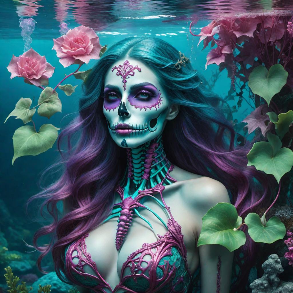  A painting on canvas with colors turquoise pink, purple with pink ivy entwined around a skeleton mermaid under water hyperrealistic, full body, detailed clothing, highly detailed, cinematic lighting, stunningly beautiful, intricate, sharp focus, f/1. 8, 85mm, (centered image composition), (professionally color graded), ((bright soft diffused light)), volumetric fog, trending on instagram, trending on tumblr, HDR 4K, 8K