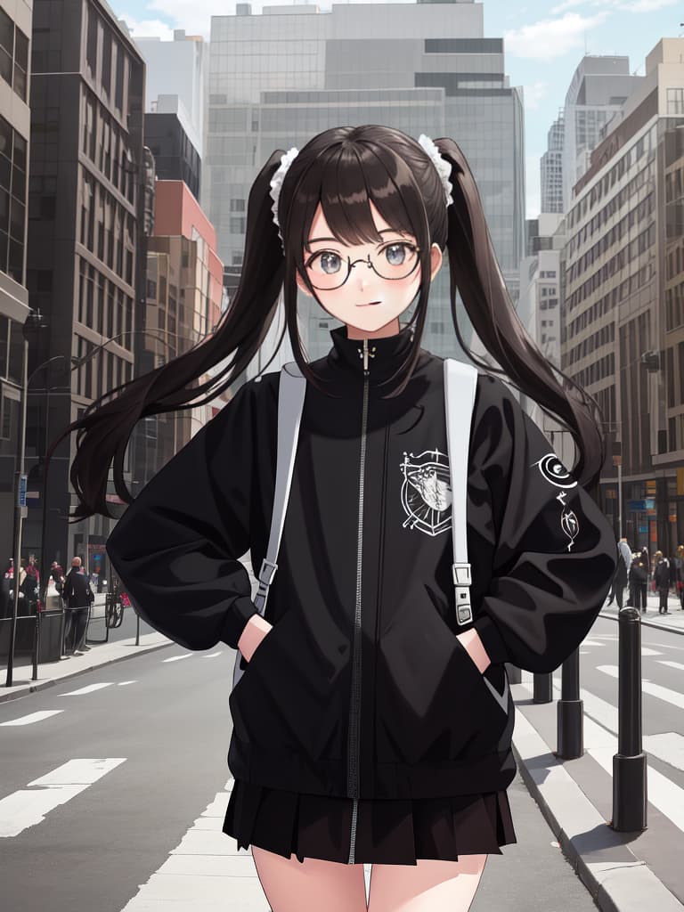  Stylish glasses girls, modern coordinates, ponytails, plenty of smile, city, masterpiece, best quality,8k,ultra detailed,high resolution,an extremely delicate and beautiful,hyper detail