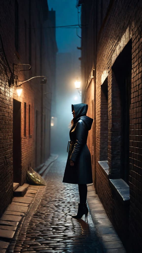  [The scene opens with a dimly lit alleyway, the only illumination coming from a flickering streetlight. Shadows dance across the crumbling brick walls as a figure emerges from the darkness. It's a young woman, her face partially obscured by a hood. She moves cautiously, her eyes darting from side to side, searching for something or someone. The sound of her footsteps echoes through the alley, the only other noise being the distant hum of traffic. As she reaches the end of the alley, she pauses, hesitating for a moment before continuing on, disappearing into the night.] hyperrealistic, full body, detailed clothing, highly detailed, cinematic lighting, stunningly beautiful, intricate, sharp focus, f/1. 8, 85mm, (centered image composition), (professionally color graded), ((bright soft diffused light)), volumetric fog, trending on instagram, trending on tumblr, HDR 4K, 8K