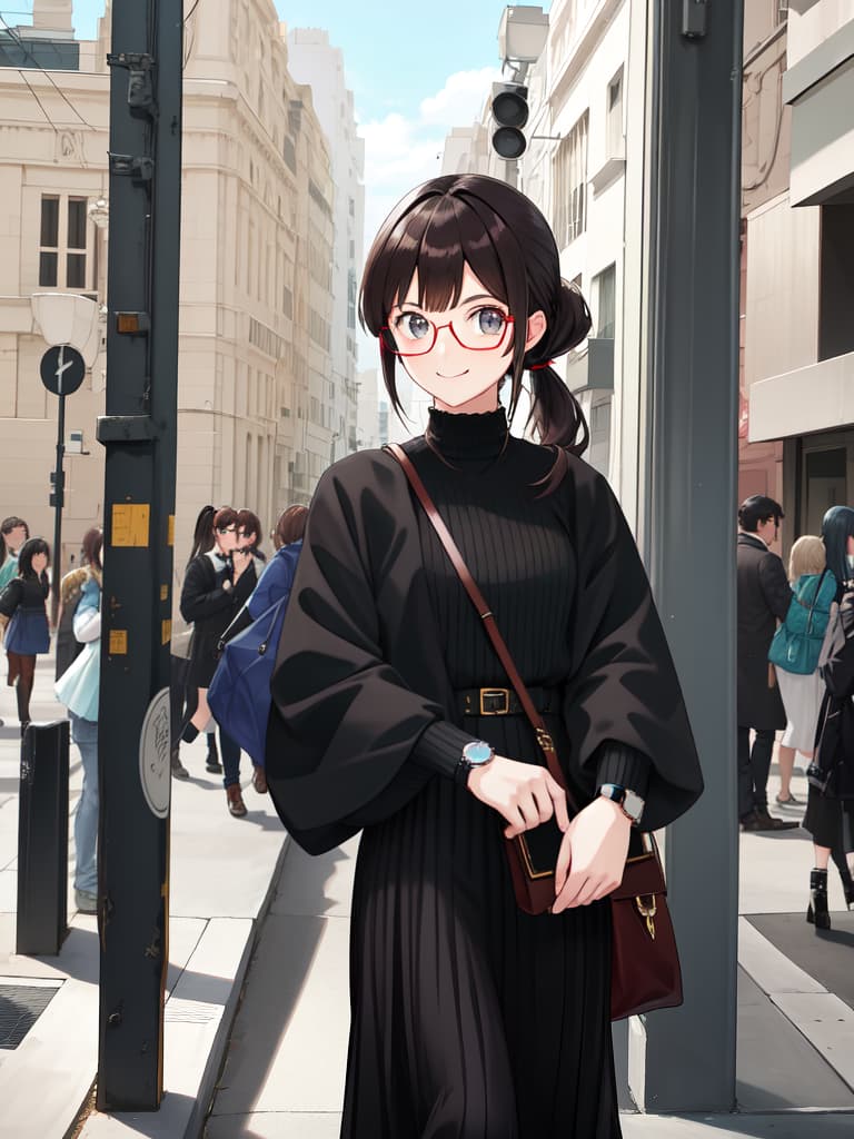  Stylish glasses girls, modern coordinates, ponytails, margin smiles, towns, handbacks, watches, masterpiece, best quality,8k,ultra detailed,high resolution,an extremely delicate and beautiful,hyper detail