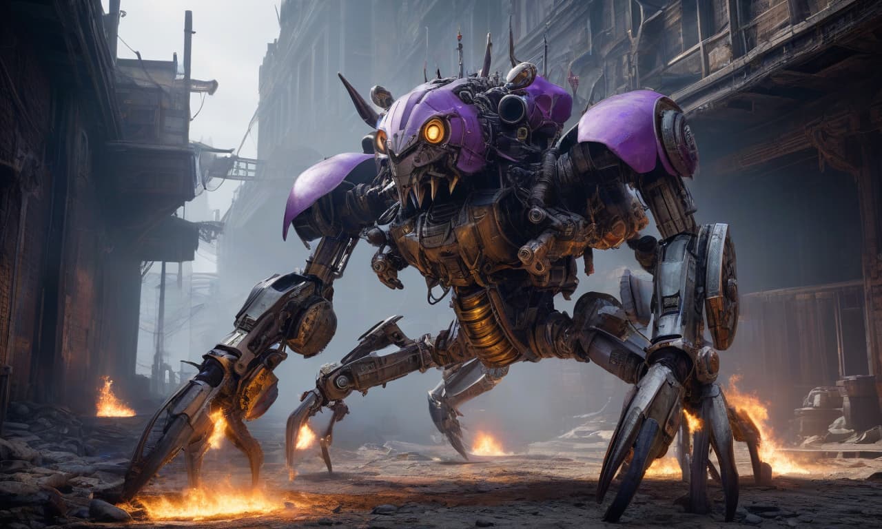  Mechanical, clockwork, magical furnace, damaged, repulsive, infected with the "Ravager" virus from the game Crossout, with spiky shields on the sides, sharp teeth, a locomotive's grille on the forehead, a double scorpion tail, a long snout, long claws, a cannon instead of a left arm, purple fire, lightning, a gray fox, the entire body visible hyperrealistic, full body, detailed clothing, highly detailed, cinematic lighting, stunningly beautiful, intricate, sharp focus, f/1. 8, 85mm, (centered image composition), (professionally color graded), ((bright soft diffused light)), volumetric fog, trending on instagram, trending on tumblr, HDR 4K, 8K