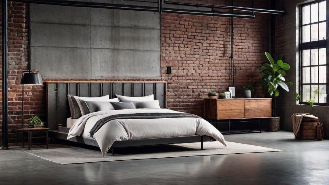  Generate an image of an urban industrial bedroom featuring a rugged yet sophisticated design. Include a sturdy industrial bed frame with an industrial headboard. Incorporate industrial decor elements like exposed metal pipes, brick walls, and concrete flooring. Use a color palette of neutral tones like grey, black, and brown. Add minimalist decorations such as metal lamps, a leather accent chair, and a vintage rug to enhance the industrial chic vibe of the room. hyperrealistic, full body, detailed clothing, highly detailed, cinematic lighting, stunningly beautiful, intricate, sharp focus, f/1. 8, 85mm, (centered image composition), (professionally color graded), ((bright soft diffused light)), volumetric fog, trending on instagram, trending on tumblr, HDR 4K, 8K