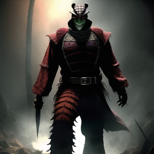  full body, fusion Freddy Krueger and a Reptile, malicious smile, bloody, gore, horror theme, nightmare, masterpiece, scale like skin, full body, lizard forked tongue, weapon shown, , (masterpiece, best quality:1.5), HDR 4K, 8K