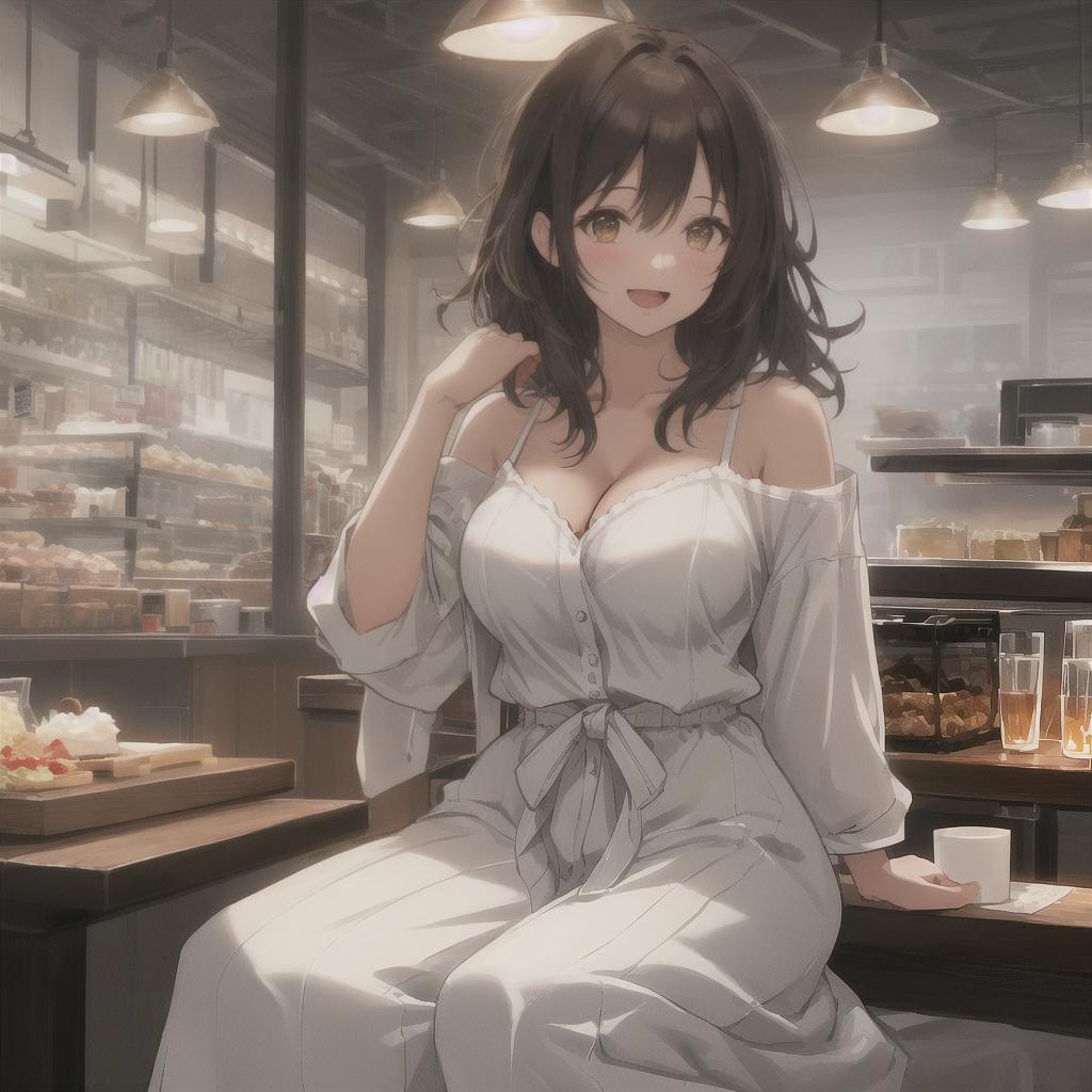  beautiful illustration, best quality, cute girl, a girl, restaurant, sitting, parfait, drinking, happy, open mouth, casual clothes, white shirt, collarbone, medium hair, blown hair hyperrealistic, full body, detailed clothing, highly detailed, cinematic lighting, stunningly beautiful, intricate, sharp focus, f/1. 8, 85mm, (centered image composition), (professionally color graded), ((bright soft diffused light)), volumetric fog, trending on instagram, trending on tumblr, HDR 4K, 8K