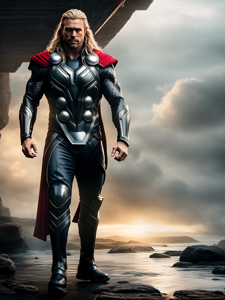  thor hyperrealistic, full body, detailed clothing, highly detailed, cinematic lighting, stunningly beautiful, intricate, sharp focus, f/1. 8, 85mm, (centered image composition), (professionally color graded), ((bright soft diffused light)), volumetric fog, trending on instagram, trending on tumblr, HDR 4K, 8K