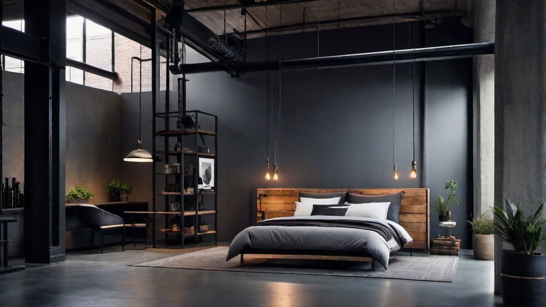  Generate an image of an urban industrial chic bedroom with a modern and edgy aesthetic. The centerpiece should be a bold industrial bed frame with clean lines and a sleek metal finish. Incorporate a striking industrial headboard made of reclaimed wood and metal accents. Include industrial decor elements like exposed pipes, concrete walls, and metal fixtures. The color palette should consist of neutral tones like grey and black, creating an atmosphere of urban coolness and contemporary charm. hyperrealistic, full body, detailed clothing, highly detailed, cinematic lighting, stunningly beautiful, intricate, sharp focus, f/1. 8, 85mm, (centered image composition), (professionally color graded), ((bright soft diffused light)), volumetric fog, trending on instagram, trending on tumblr, HDR 4K, 8K