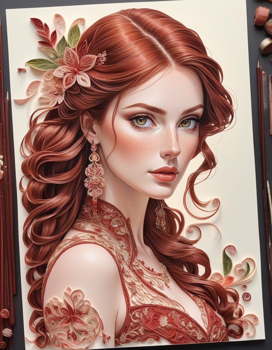  paper quilling art of Very beautiful brown red hair woman with freckles and an intense brown eyed gaze, watercolor pastel, style 1880 . intricate, delicate, curling, rolling, shaping, coiling, loops, 3D, dimensional, ornamental hyperrealistic, full body, detailed clothing, highly detailed, cinematic lighting, stunningly beautiful, intricate, sharp focus, f/1. 8, 85mm, (centered image composition), (professionally color graded), ((bright soft diffused light)), volumetric fog, trending on instagram, trending on tumblr, HDR 4K, 8K