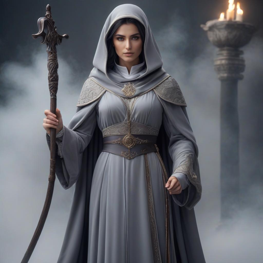  A young cleric in a gray gown with a staff. hyperrealistic, full body, detailed clothing, highly detailed, cinematic lighting, stunningly beautiful, intricate, sharp focus, f/1. 8, 85mm, (centered image composition), (professionally color graded), ((bright soft diffused light)), volumetric fog, trending on instagram, trending on tumblr, HDR 4K, 8K