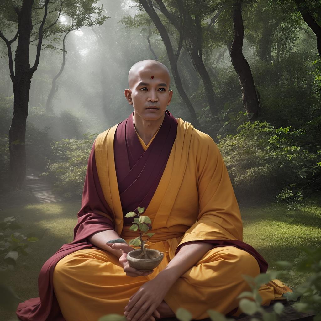  masterpiece, best quality, A close-up shot of an Indian Buddhist monk, wearing vibrant saffron robes, with a serene expression on his face as he meditates in a lush, green forest. The sunlight filters through the leaves, casting a warm and ethereal glow on the monk. The image is captured using a high-resolution camera that highlights every intricate detail of the monk's peaceful countenance and the textured folds of his robes, creating a sense of tranquility and spirituality. (Photography, natural light, high-resolution camera with soft focus)