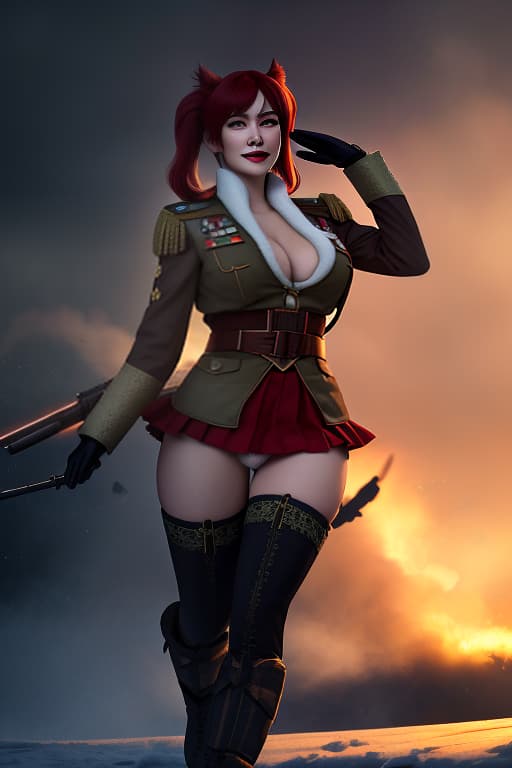  solo, in soviet union military uniform, shy, wide smile, one big fang, red pigtails, red , full body, salute, strong wind pushing up , flashing panty, (intricate details:0.9), (hdr, hyperdetailed:1.2) hyperrealistic, full body, detailed clothing, highly detailed, cinematic lighting, stunningly beautiful, intricate, sharp focus, f/1. 8, 85mm, (centered image composition), (professionally color graded), ((bright soft diffused light)), volumetric fog, trending on instagram, trending on tumblr, HDR 4K, 8K