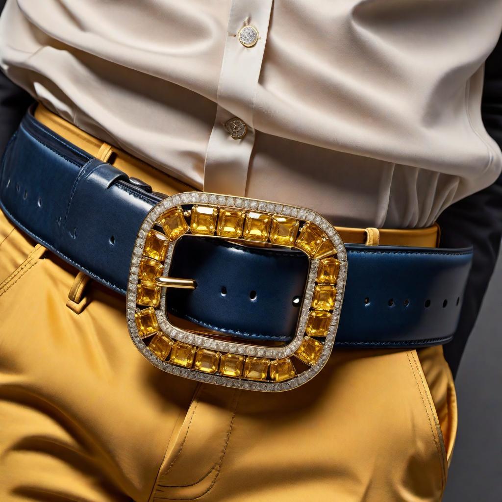  A male model wearing a belt designed for pants with a rectangular-shaped gold buckle. The buckle is adorned with yellow sapphires, creating an elegant and luxurious look. The sapphires are neatly arranged, giving a sophisticated touch to the belt. The model is shown in a stylish pose, wearing the belt with fashionable attire that accentuates the opulent design of the yellow sapphire-encrusted buckle. The overall appearance is one of elegance and luxury, suitable for both casual and formal settings. hyperrealistic, full body, detailed clothing, highly detailed, cinematic lighting, stunningly beautiful, intricate, sharp focus, f/1. 8, 85mm, (centered image composition), (professionally color graded), ((bright soft diffused light)), volumetric fog, trending on instagram, trending on tumblr, HDR 4K, 8K