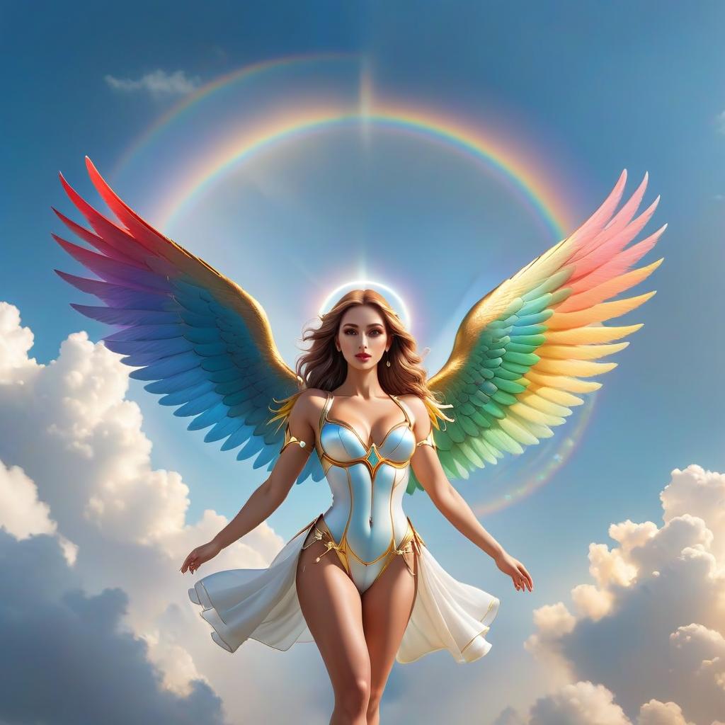  angel girl with shiny halo and large rainbow wings flying in the sky, LOGO hyperrealistic, full body, detailed clothing, highly detailed, cinematic lighting, stunningly beautiful, intricate, sharp focus, f/1. 8, 85mm, (centered image composition), (professionally color graded), ((bright soft diffused light)), volumetric fog, trending on instagram, trending on tumblr, HDR 4K, 8K