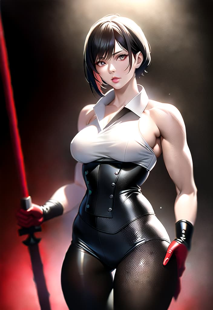  Black hair, berry short hair, beautiful woman, white dress shirt, red corset, black leather pants, muscles, always have Japanese swords, Be sure to draw from the head to the thigh, the background is outdoor, (Masterpiece, BestQuality:1.3), (ultra detailed:1.2), (hyperrealistic:1.3), (RAW photo:1.2),High detail RAW color photo, professional photograph, (Photorealistic:1.4), (realistic:1.4), ,professional lighting, (japanese), beautiful face, (realistic face)