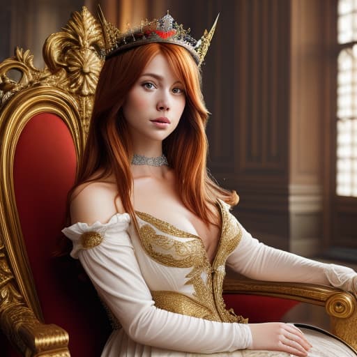  Portrait of a beautiful auburn - haired woman with a guilded crown sitting on a throne with heightened detail