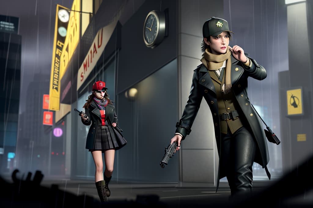  masterpiece, best quality, best quality, Female, genderswap, night, trench coat, boots, baseball hat, detective, Aiden Pearce, Watch dogs, scarf, holding gun, city raining.