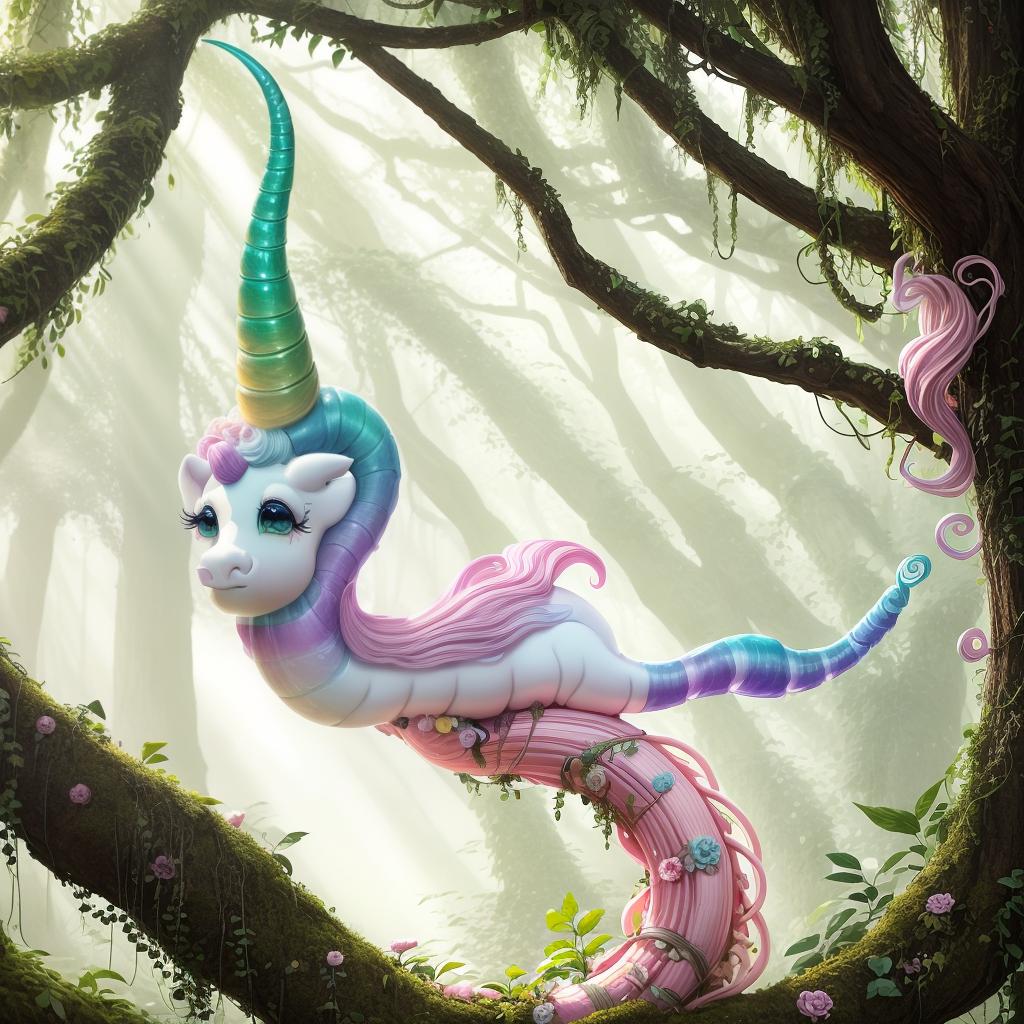  A fantastical forest scene featuring a slender, pastel hued unicorn worm with a spiraled horn protruding from its head, curled around a tree trunk in a lush, verdant setting filled with vibrant flora and fauna. The scene should have a dreamlike, whimsical quality with soft, diffused lighting and a muted color palette., best quality, masterpiece