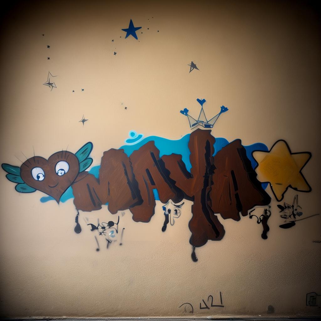 Graffiti, hearth, stars, MAYA, on a wall in a city by night, best quality, masterpiece