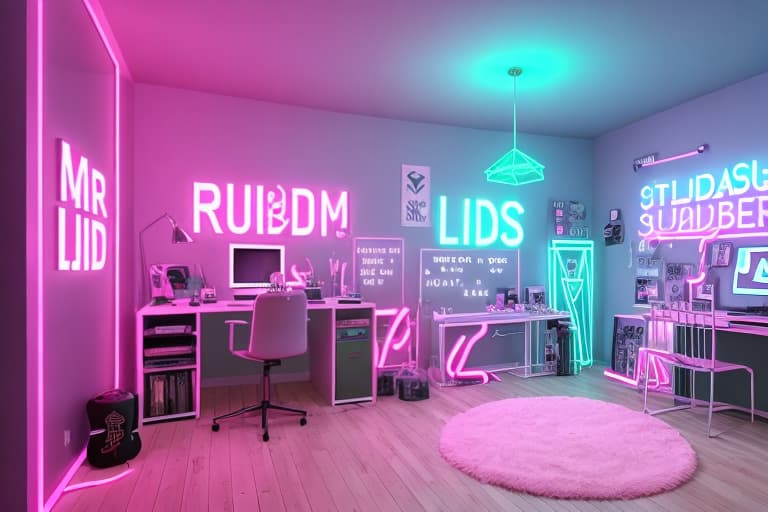  Create an image of a YouTuber's studio room with a subtle neon glow. Make a statement with bold "MR RID" lettering. Make sure the text is not