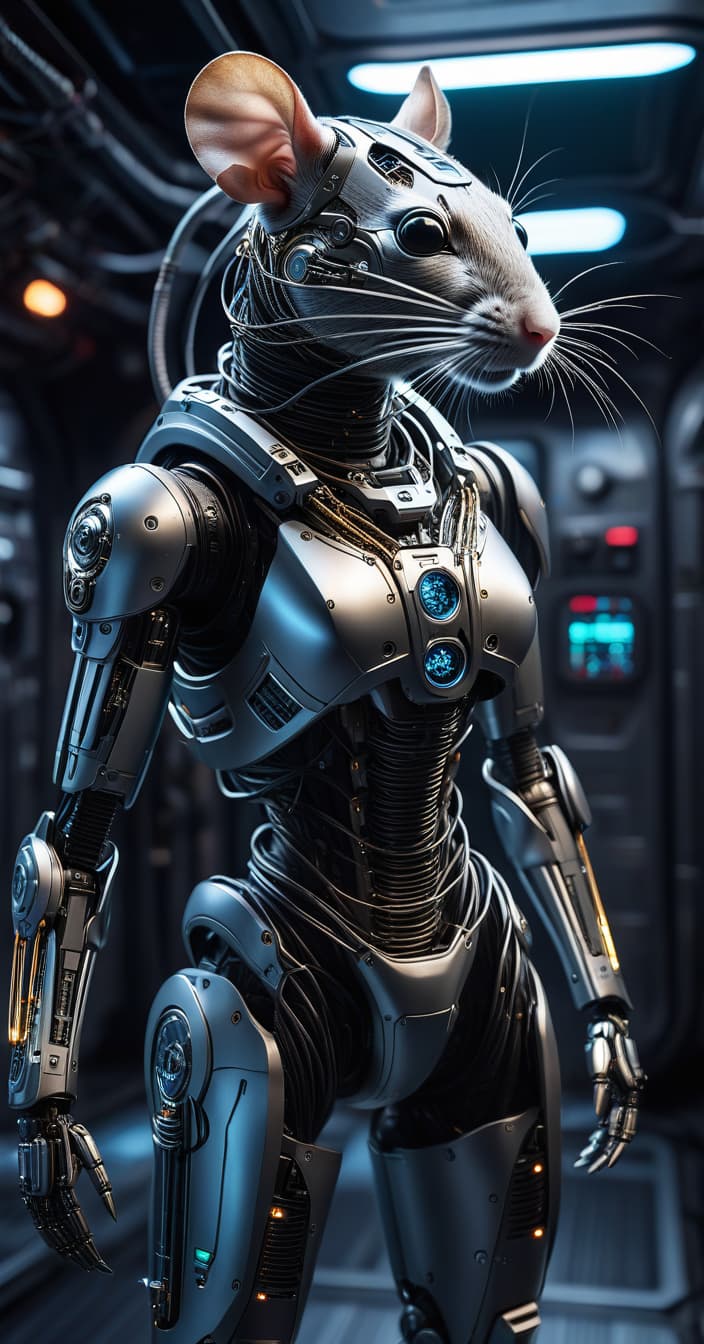  cybernetic robot A thin rat in costume in space. . android, AI, machine, metal, wires, tech, futuristic, highly detailed hyperrealistic, full body, detailed clothing, highly detailed, cinematic lighting, stunningly beautiful, intricate, sharp focus, f/1. 8, 85mm, (centered image composition), (professionally color graded), ((bright soft diffused light)), volumetric fog, trending on instagram, trending on tumblr, HDR 4K, 8K