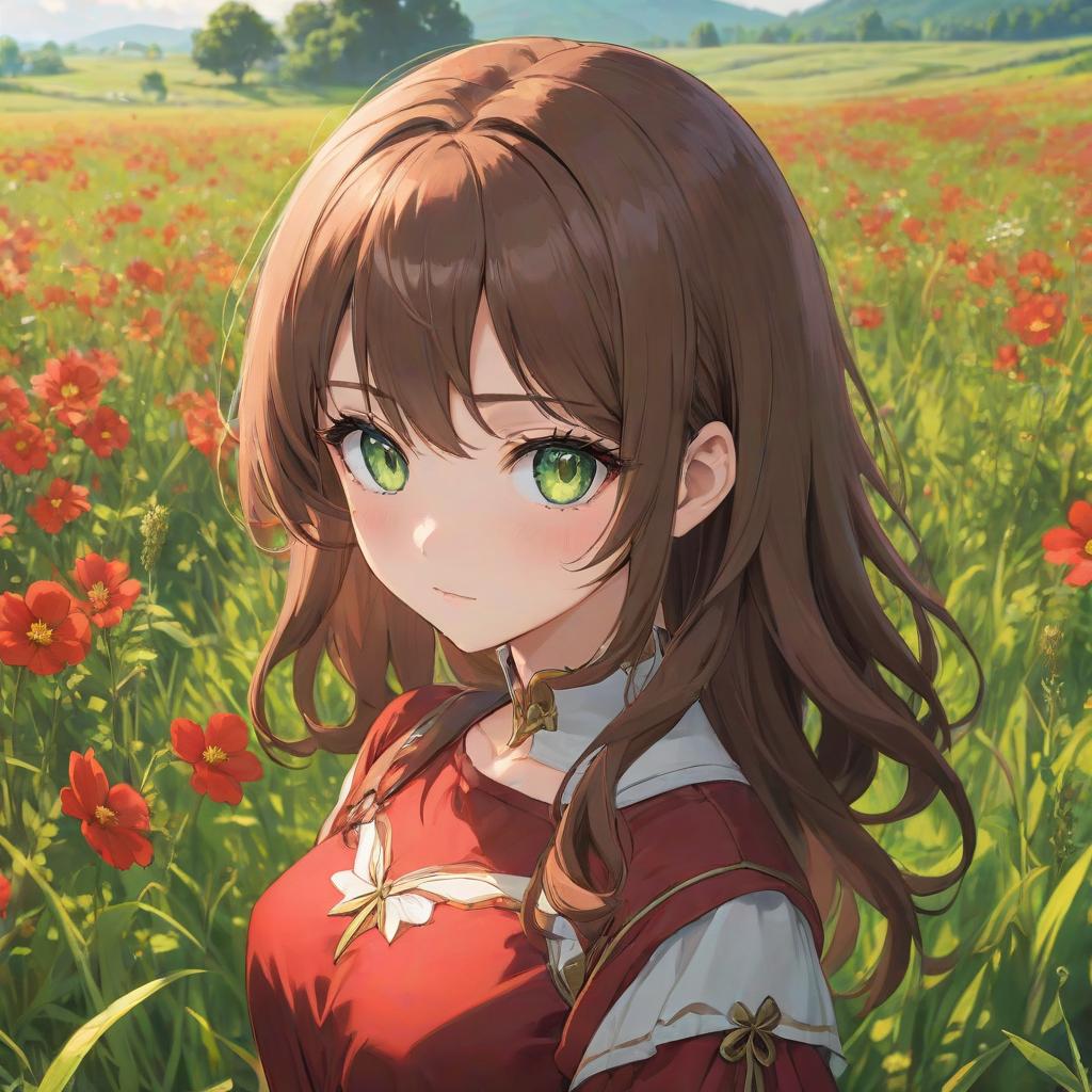  anime artwork A old with big green eyes, eyelashes, and brown wavy hair gazes at us on a meadow with her face in close up in a red anime style top. . anime style, key visual, vint, studio anime, highly detailed hyperrealistic, full body, detailed clothing, highly detailed, cinematic lighting, stunningly beautiful, intricate, sharp focus, f/1. 8, 85mm, (centered image composition), (professionally color graded), ((bright soft diffused light)), volumetric fog, trending on instagram, trending on tumblr, HDR 4K, 8K